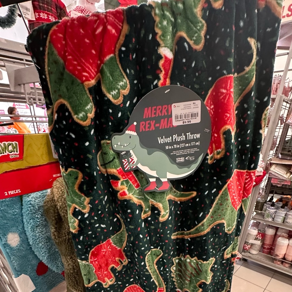 Festive Dinosaur Velvet Plush Throw Blanket - Green and Red